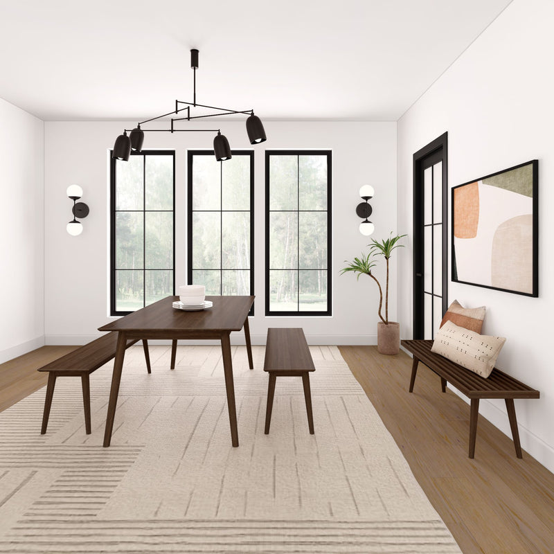 Modern dining room with minimalist furniture, large windows, and contemporary lighting.