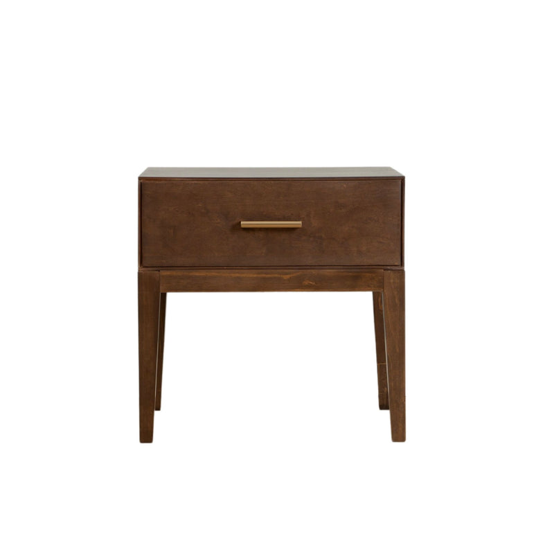 Mid-century modern wooden nightstand with a single drawer and brass handle.