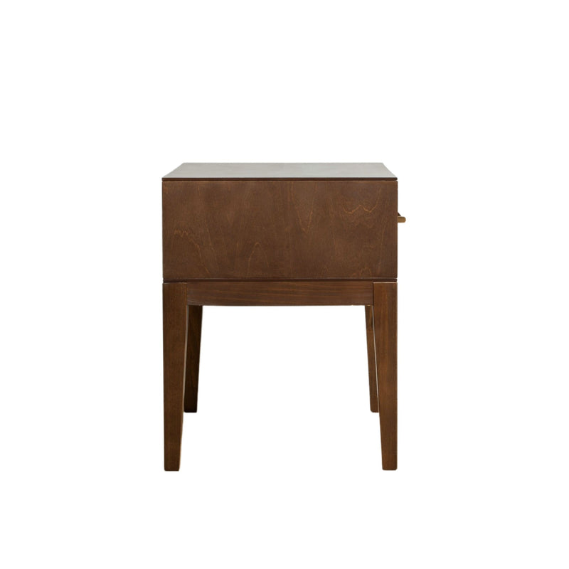 Wooden side table with storage and mid-century modern design.