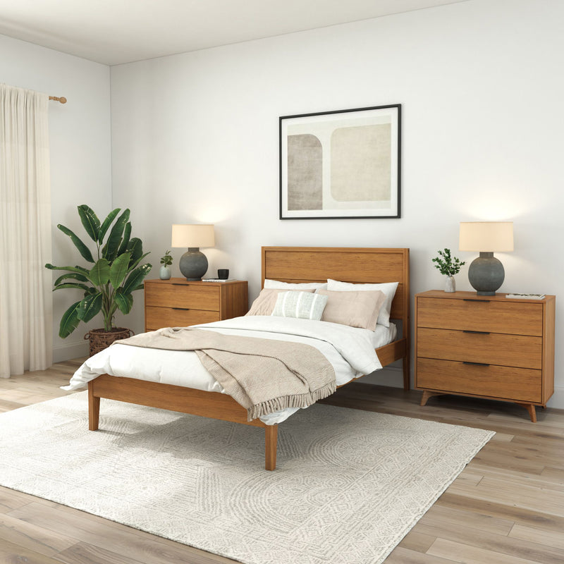 Modern bedroom with wooden furniture, including bed, dressers, and nightstands, complemented by a potted plant and abstract wall art.