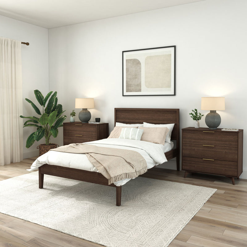 Contemporary bedroom with wooden furniture, modern decor, and cozy bedding.