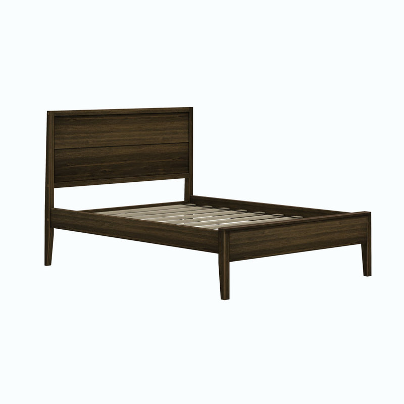 Modern wooden bed frame with minimalist design and dark finish for bedroom furniture.