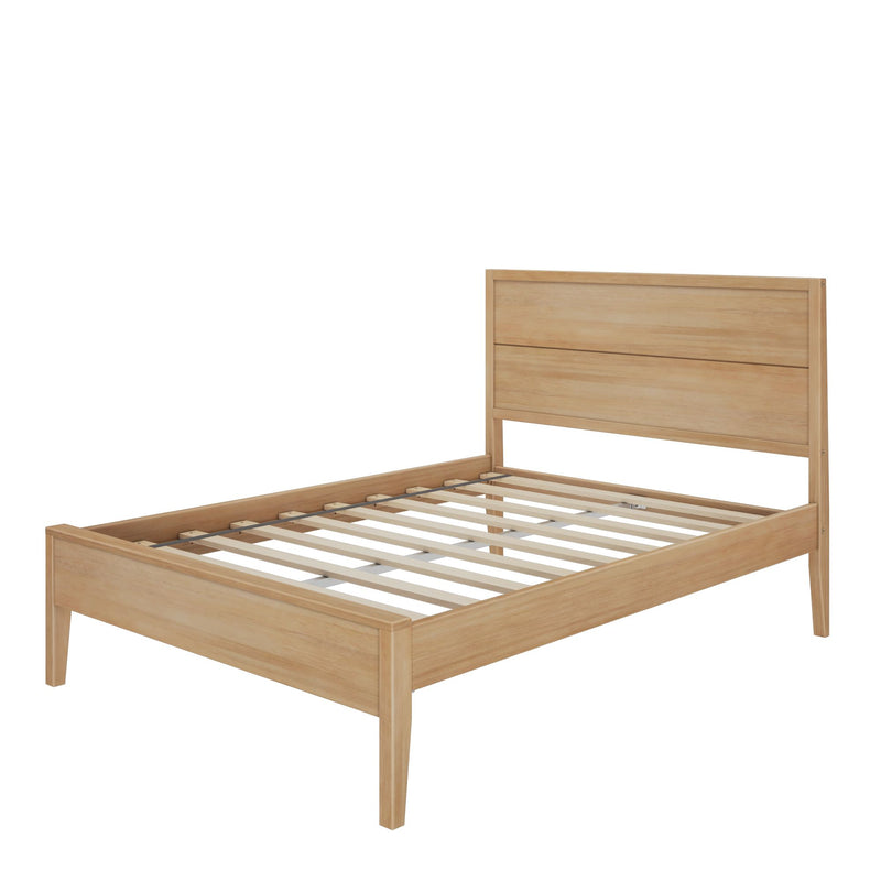 Modern wooden bed frame with slatted base and headboard.