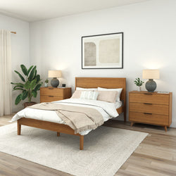 Modern bedroom with wooden furniture, cozy bed, stylish decor, and indoor plant for a serene ambiance.