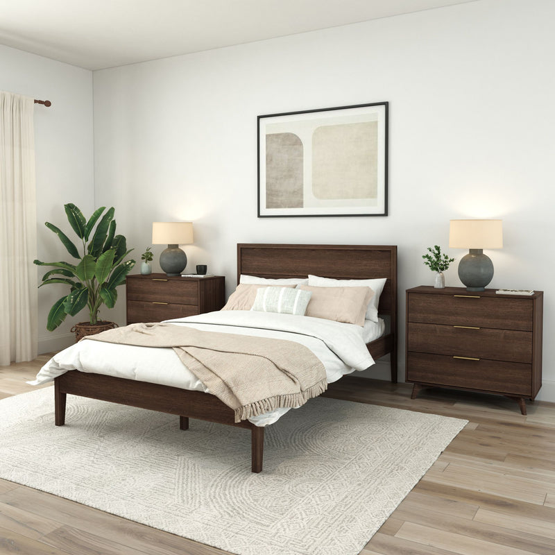 Modern bedroom with wooden furniture, cozy bed, stylish decor, and indoor plant.