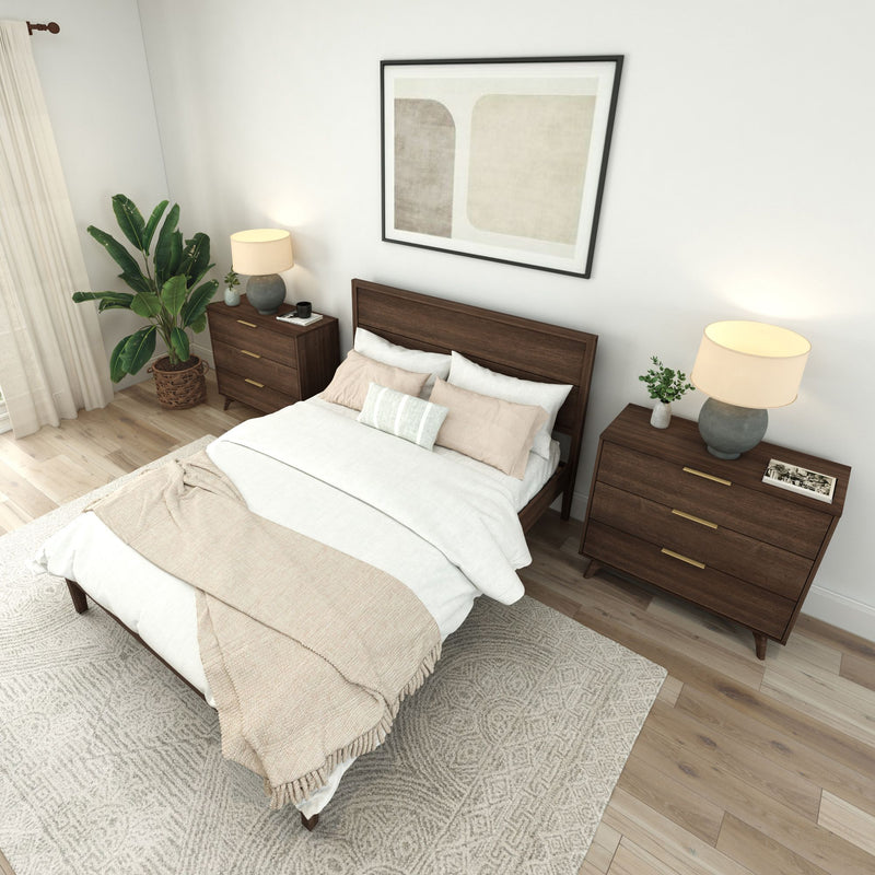 Cozy modern bedroom interior with wooden furniture, including a bed and nightstands, complemented by neutral bedding and decor elements like a leafy plant and abstract wall art.