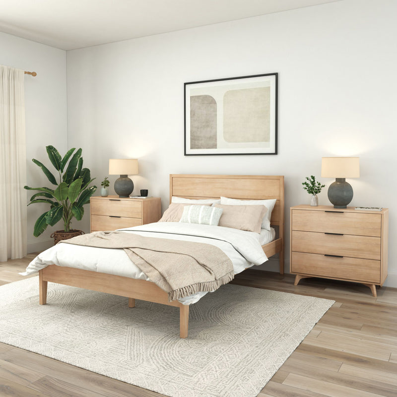 Contemporary bedroom with minimalist wooden furniture, indoor plant, and abstract wall art.