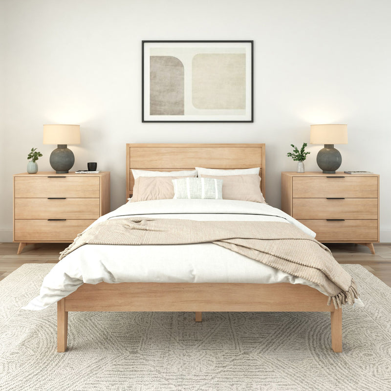 Elegant modern bedroom with wooden bed frame, neutral bedding, matching bedside tables, and minimalist decor.