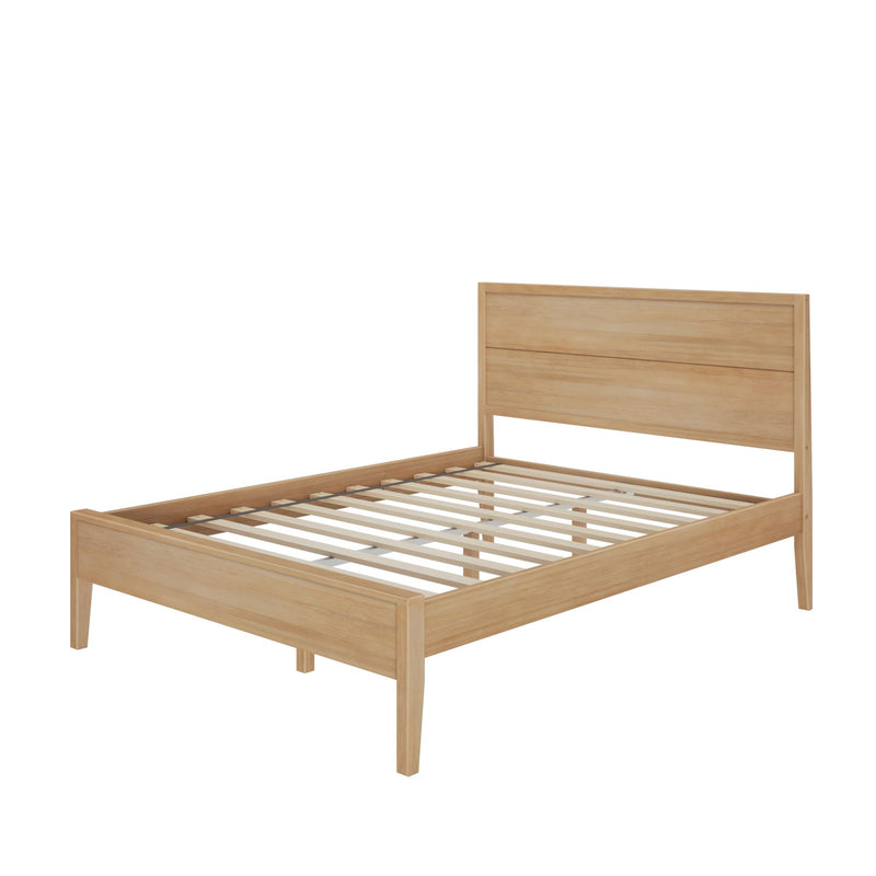Wooden bed frame with slatted base and minimalist headboard design.