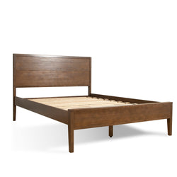 Walnut-tone solid wood platform bed frame with slatted base and tall rectangular headboard, mid-century modern wooden bedroom furniture