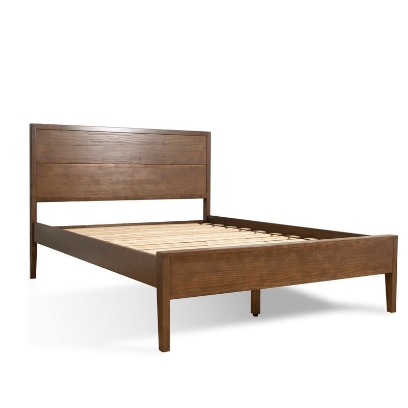 Walnut-tone solid wood platform bed frame with slatted base and tall rectangular headboard, mid-century modern wooden bedroom furniture