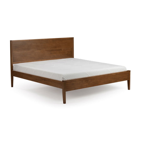 Modern wooden bed frame with mattress on white background.