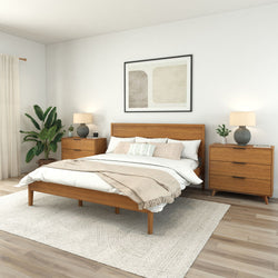 Mid-century modern bedroom with wooden furniture, neutral decor, and potted plant.