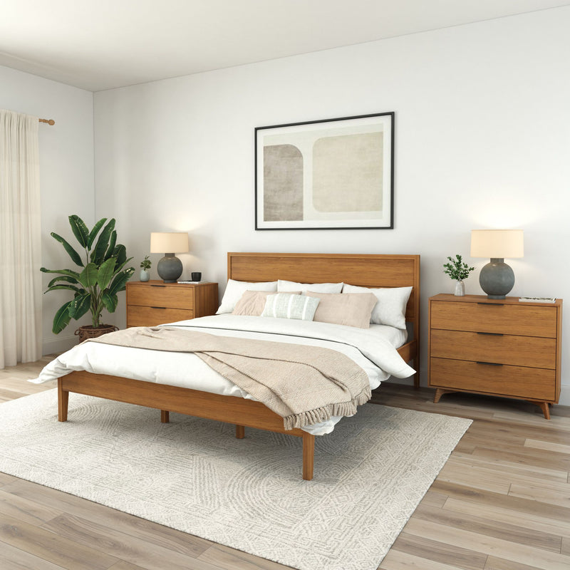 Mid-century modern bedroom with wooden furniture, neutral decor, and potted plant.