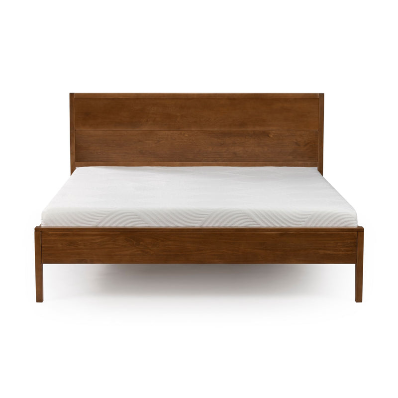 Minimalist solid wood platform bed frame with paneled headboard and white mattress, brown finish, modern bedroom furniture front view on white background