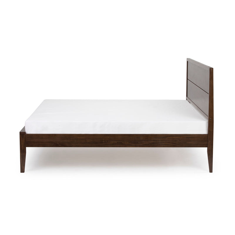 Modern wooden platform bed with a white mattress, side view.