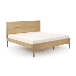 Minimalist light natural wood platform bed frame with two-panel headboard and low-profile mattress, modern wood bedroom furniture