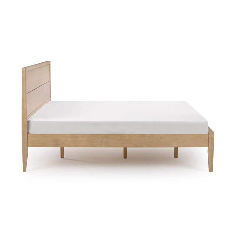 Minimalist wooden bed frame with white mattress on white background.