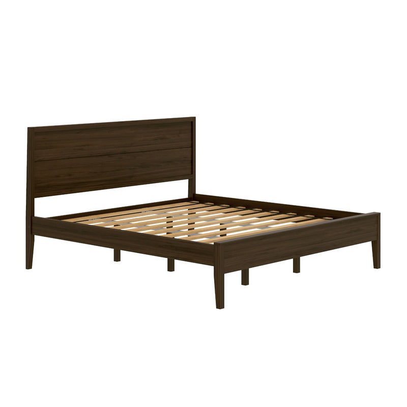 Wooden queen-size bed frame with slatted base and headboard, perfect for modern bedroom furniture.