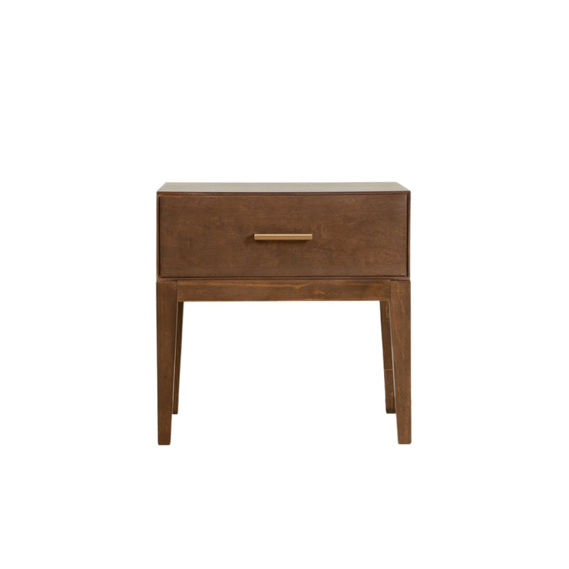 Modern wooden nightstand with single drawer and sleek design.