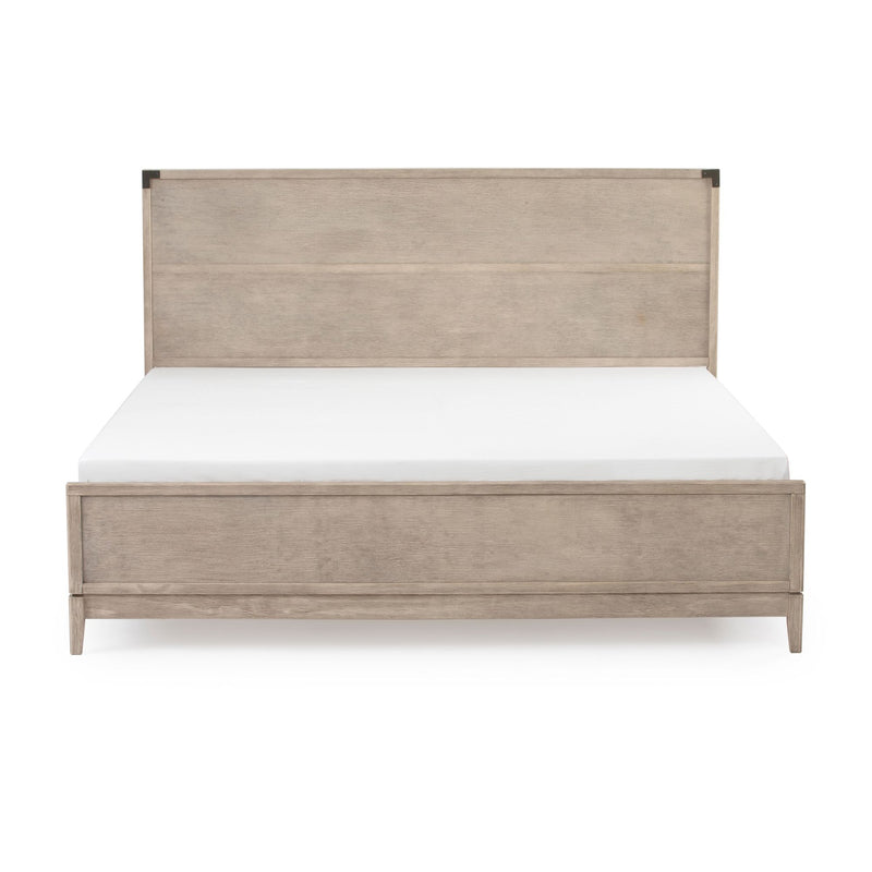 Wooden king size bed frame with white mattress in a minimalist bedroom setting.