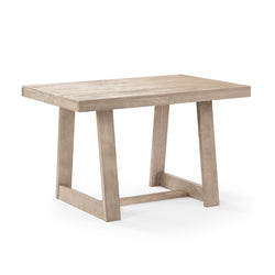 Light washed oak rectangular dining table with trestle base and cross stretcher in modern farmhouse style
