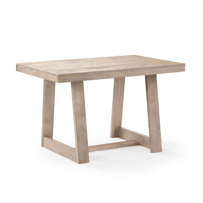 Light washed oak rectangular dining table with trestle base and cross stretcher in modern farmhouse style