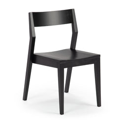 Modern black wooden dining chair, minimalist side chair with angled legs and curved backrest, ideal for kitchen or dining room, isolated on white background