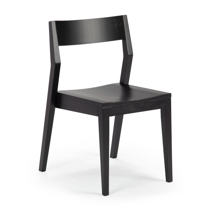 Modern black wooden dining chair, minimalist side chair with angled legs and curved backrest, ideal for kitchen or dining room, isolated on white background