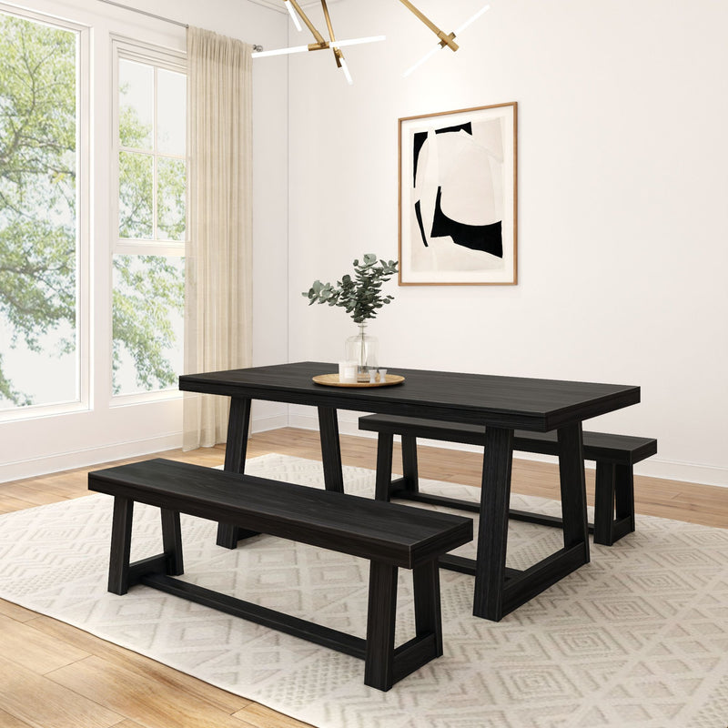 Modern dining room with black wooden table and benches, minimalist decor style.