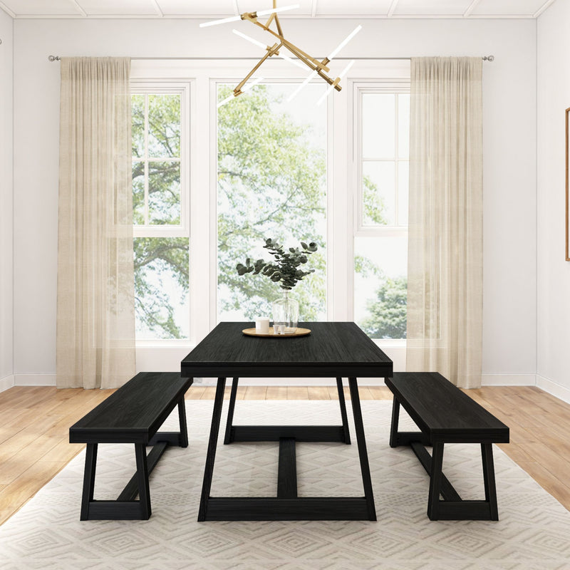 Modern dining room with dark wood table and benches, large windows, neutral curtains, stylish chandelier, and elegant decor.