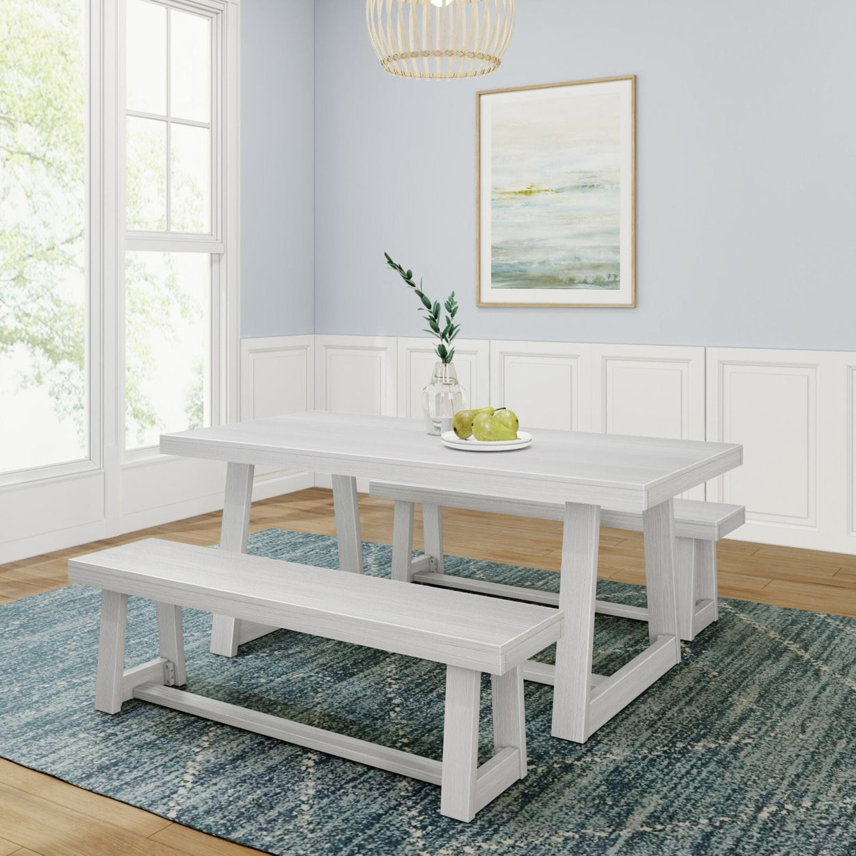 Classic Solid Wood Dining Table Set with 2 Benches Dining Plank+Beam White Wirebrush 
