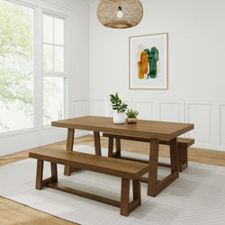 Classic Solid Wood Dining Table Set with 2 Benches Dining Set Plank+Beam Pecan Wirebrush 