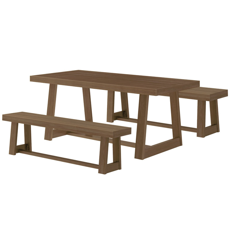 Modern wooden dining table with matching benches for kitchen or dining room.