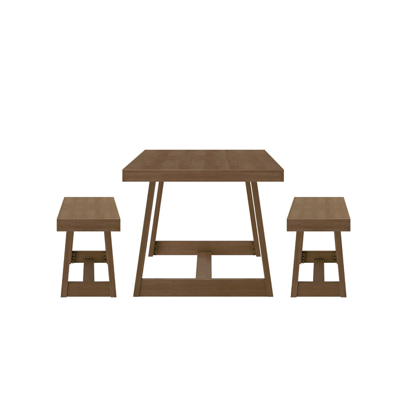 Modern wooden dining table set with benches, ideal for compact dining spaces.