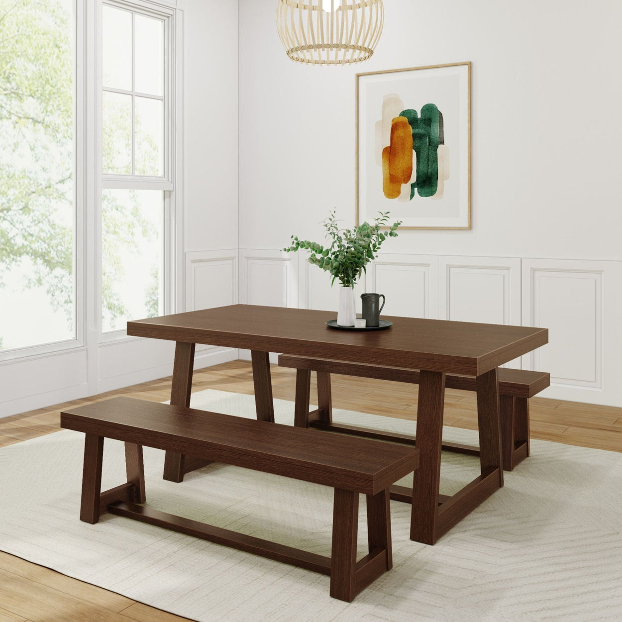Classic Solid Wood Dining Table Set with 2 Benches Dining Plank+Beam Walnut Wirebrush 