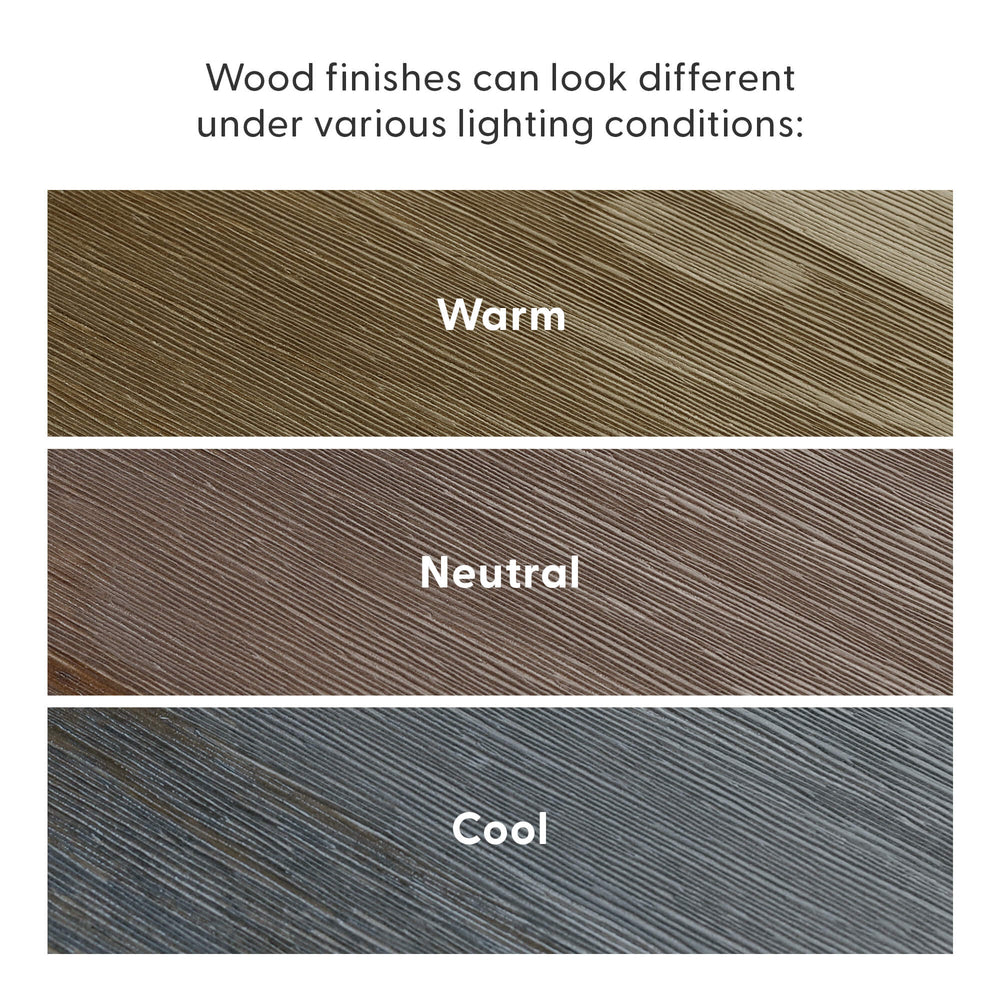 Various wood finishes under different lighting: warm, neutral, cool tones.
