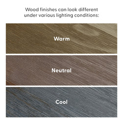 Various wood finishes under different lighting: warm, neutral, cool tones.