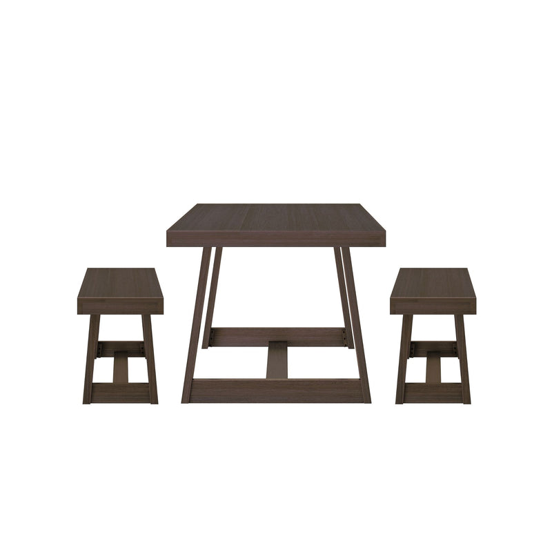 Modern rectangular dining table set with two matching benches in dark wood finish.