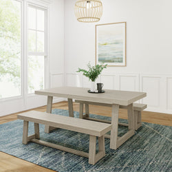 Classic Solid Wood Dining Table Set with 2 Benches Dining Set Plank+Beam Seashell Wirebrush 