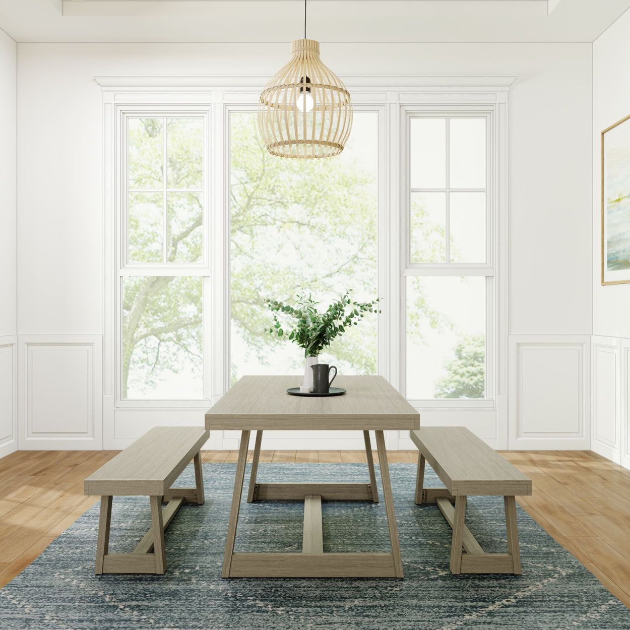 Classic Solid Wood Dining Table Set with 2 Benches Dining Plank+Beam 