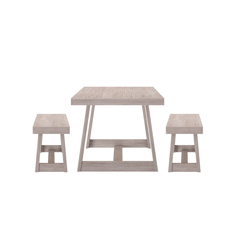Modern wooden dining table set with two matching benches, ideal for contemporary home decor.