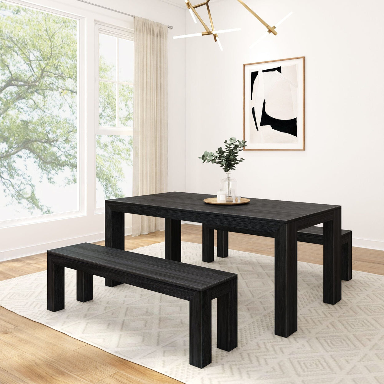 Modern Solid Wood Dining Table Set with 2 Benches Dining Plank+Beam Black Wirebrush 