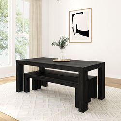 Modern Solid Wood Dining Table Set with 2 Benches Dining Plank+Beam 