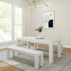 Modern Solid Wood Dining Table Set with 2 Benches Dining Set Plank+Beam White Wirebrush 