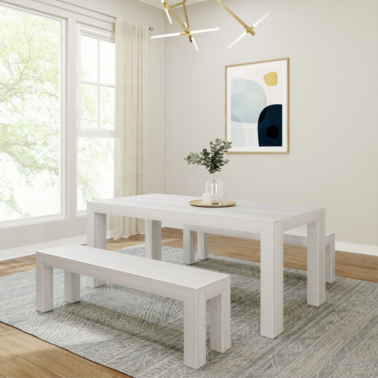 Modern Solid Wood Dining Table Set with 2 Benches Dining Plank+Beam White Wirebrush 