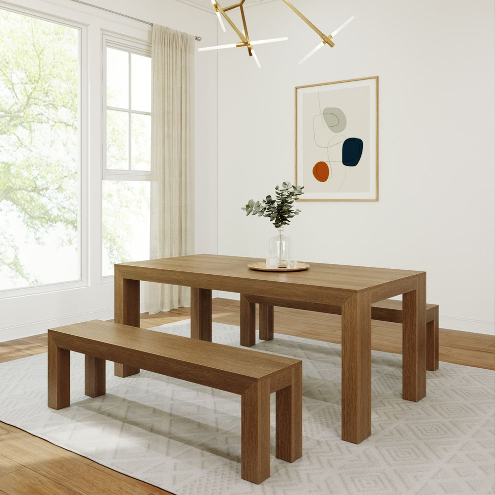 Modern Solid Wood Dining Table Set with 2 Benches Dining Set Plank+Beam Pecan Wirebrush 