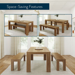 Modern Solid Wood Dining Table Set with 2 Benches Dining Plank+Beam 