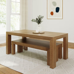 Modern Solid Wood Dining Table Set with 2 Benches Dining Set Plank+Beam 