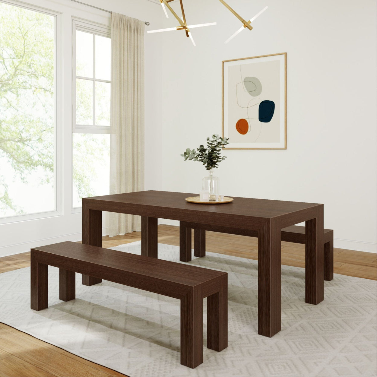Modern Solid Wood Dining Table Set with 2 Benches Dining Plank+Beam Walnut Wirebrush 